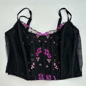 Victoria’s Secret Black Purple Embroidered Corset Top Sheer Lace Size S-DD